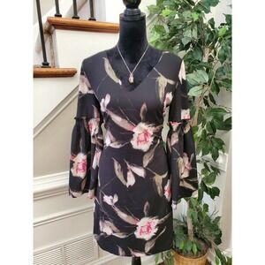 White House Black Market Floral Long Sleeve V Neck Knee Length Dress Size 4